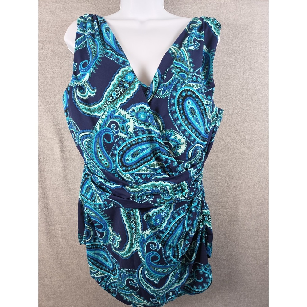 Lands End Swim Bathing Suit 20W DD One Piece Skirted Blue Aqua Paisley Ruched